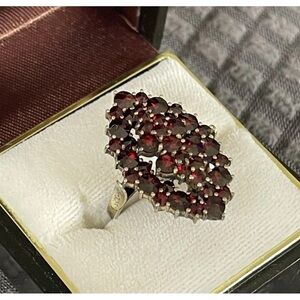 Vtg Czech 900 Silver Gilt Bohemian Pyrope Garnet Long Tiered Cluster Ring 6.25